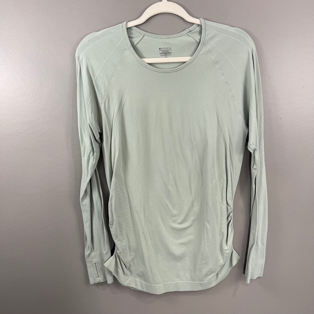 Athleta Momentum Ruched Top Womens L Sage Green Good Seamless Long Sleeve